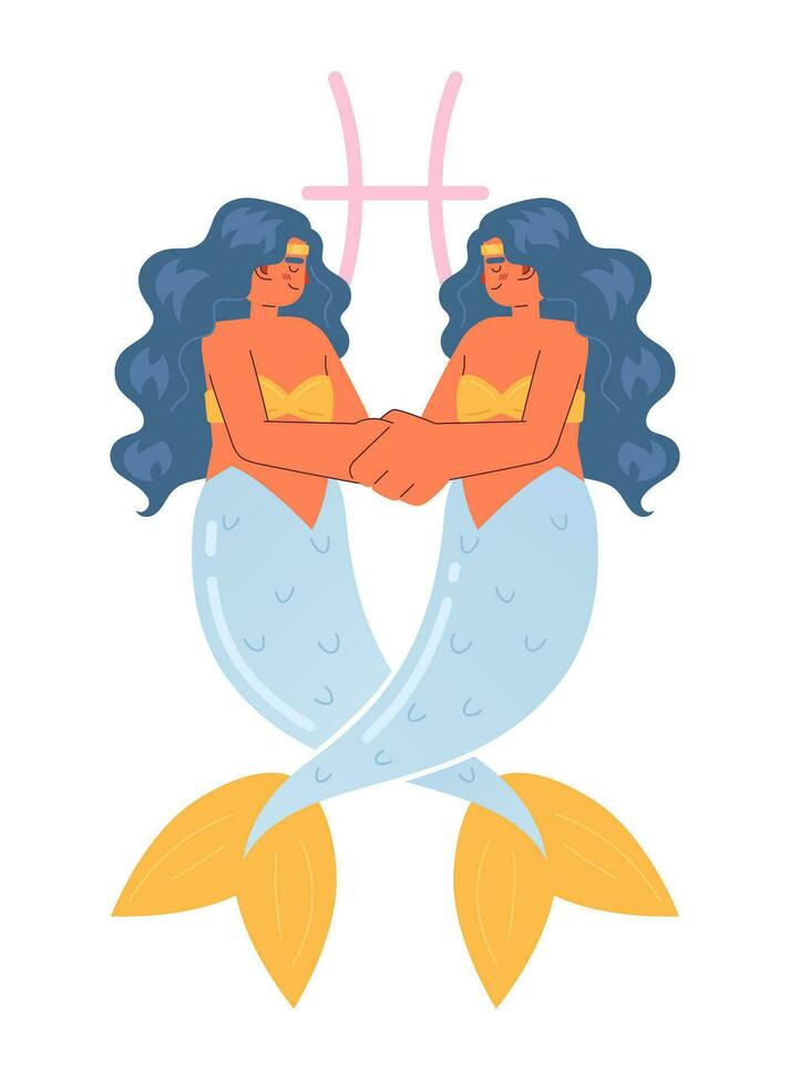 Pisces zodiac sign flat concept vector spot illustration. Mermaid tails entwining. Hugging. 2D cartoon characters on white for web UI design. Astrology isolated editable creative hero image