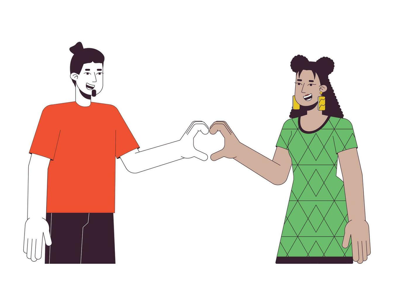 Couple heart hands flat line color vector characters. Caucasian man and latina woman. Heart gesture. Editable outline half body people on white. Simple cartoon spot illustration for web graphic design