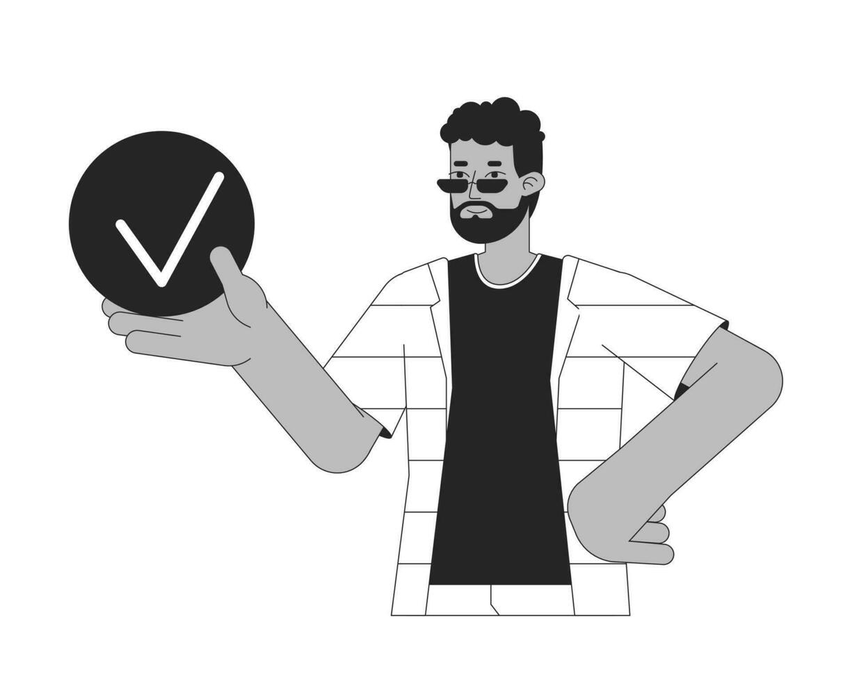 Man holding bullet point with tick bw concept vector spot illustration. Completed task 2D cartoon flat line monochromatic character for web UI design. Productivity editable isolated outline hero image