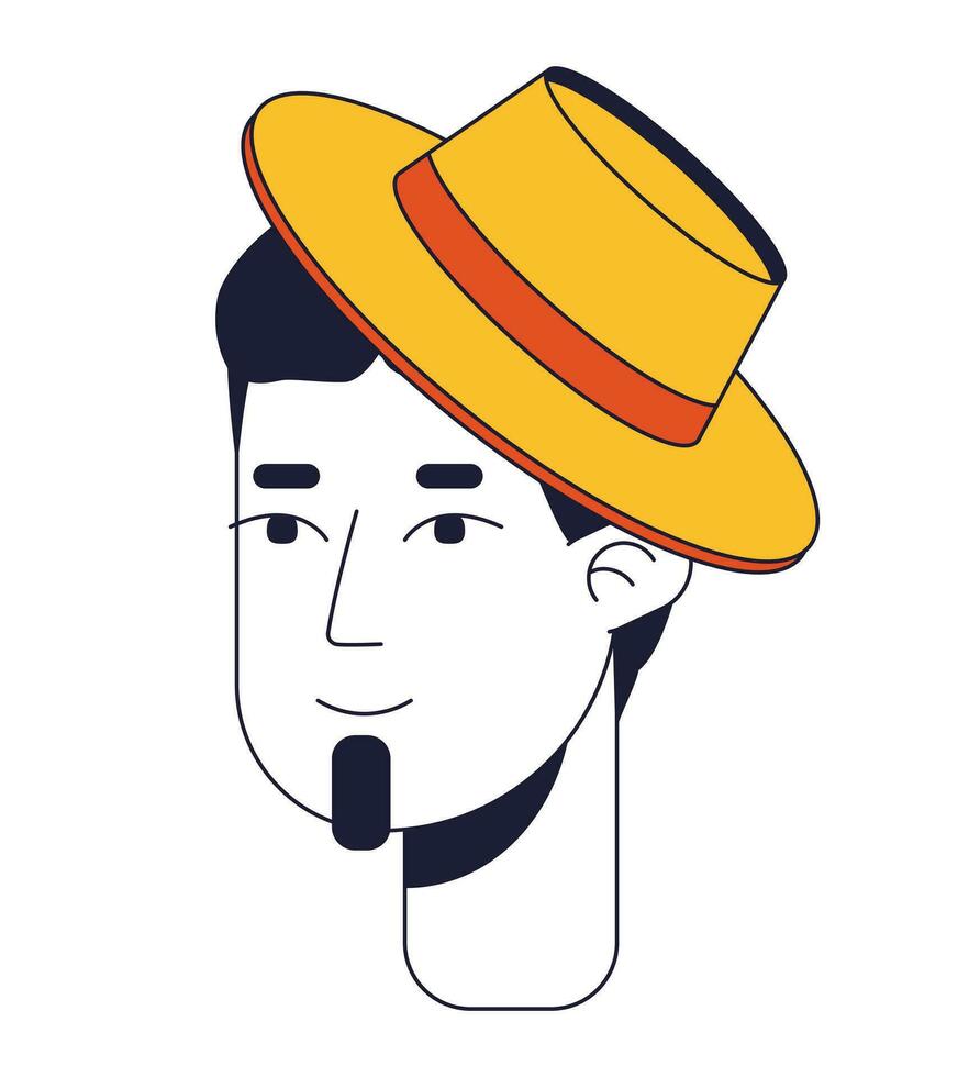 relajado caucásico hombre en sombrero plano línea color vector personaje cabeza. positivo. demostración emoción. editable dibujos animados avatar icono. cara emoción. sencillo dibujos animados Mancha ilustración para web gráfico diseño