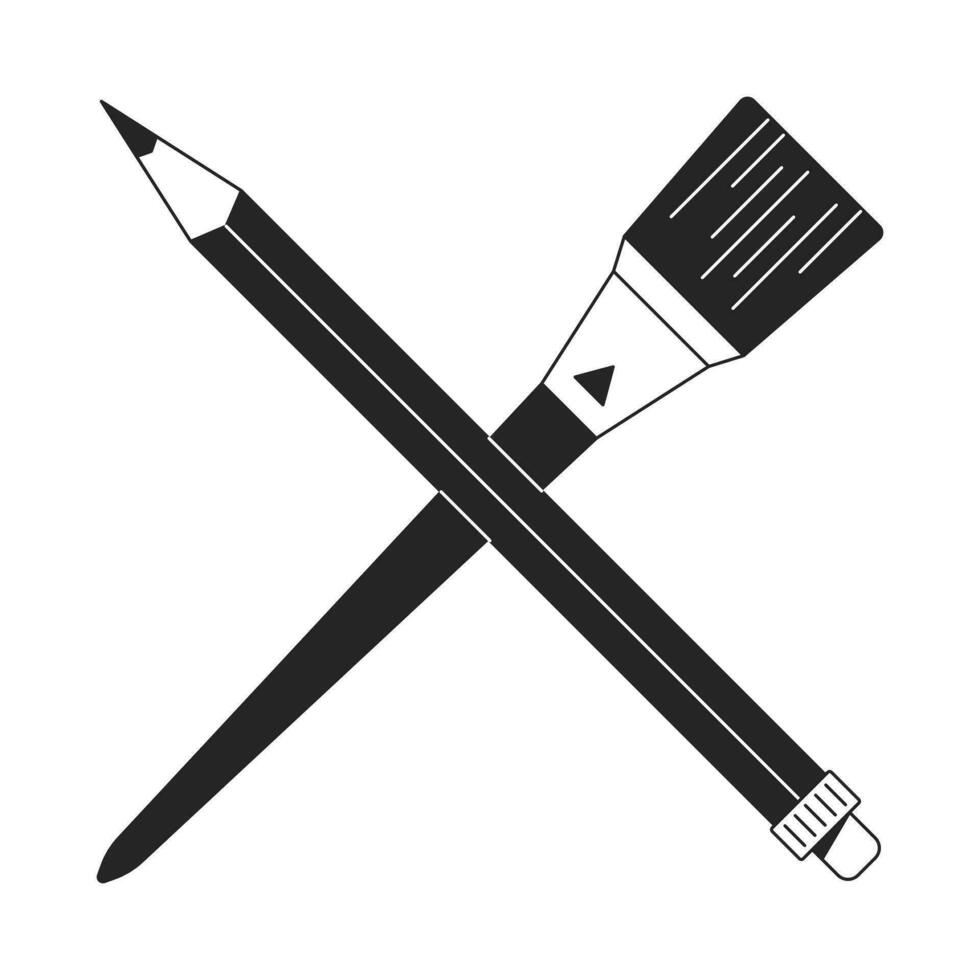 Crossed pencil and paintbrush flat monochrome isolated vector object. Artist equipment. Editable black and white line art drawing. Simple outline spot illustration for web graphic design