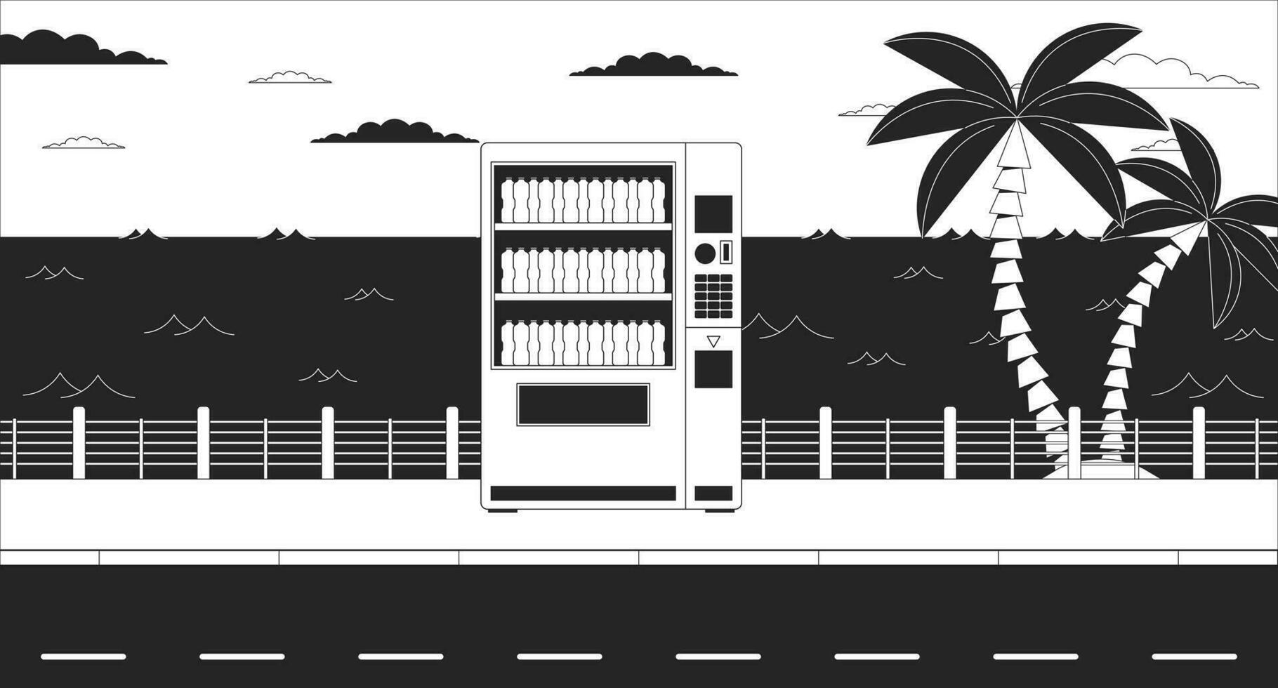 Drink vending machine on dusk waterfront black and white lo fi aesthetic wallpaper. Beverage automat on sundown quay outline 2D vector cartoon landscape illustration, monochrome lofi background