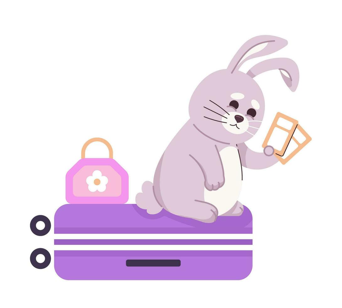 Cute rabbit traveler sitting on luggage semi flat color vector character. Tourist bunny with tickets. Editable full body personage on white. Simple cartoon spot illustration for web graphic design