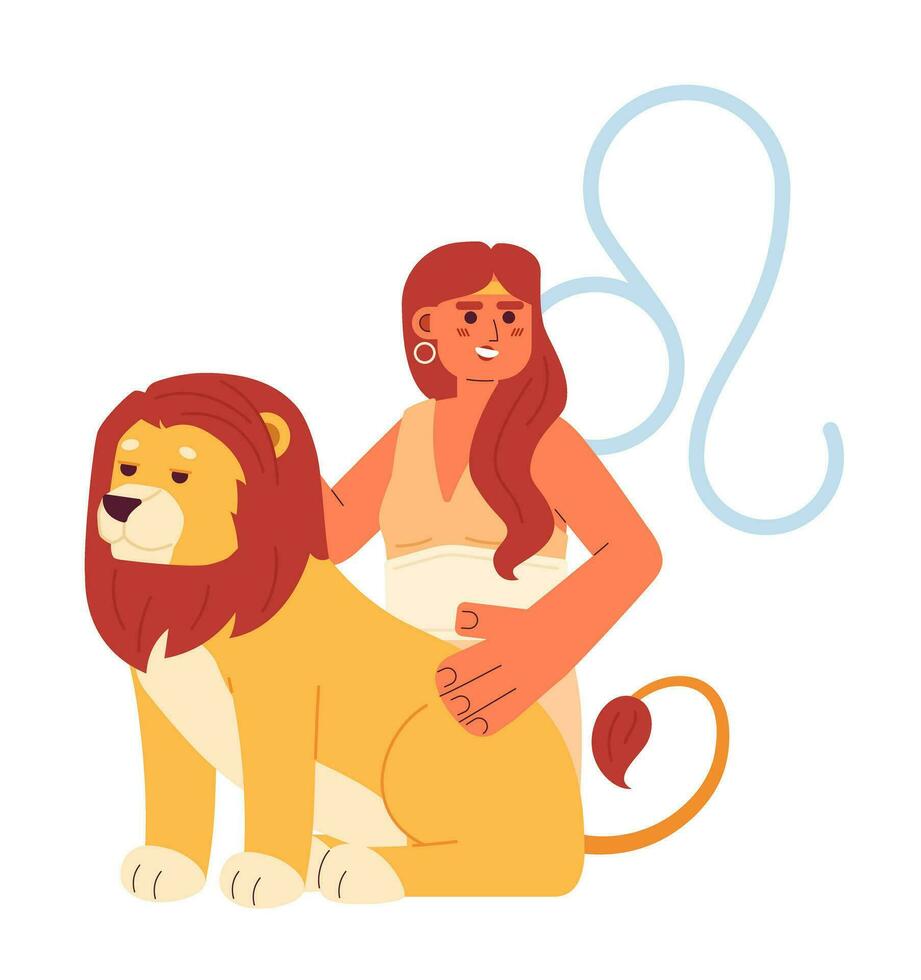 León zodíaco firmar plano concepto vector Mancha ilustración. valiente joven mujer con león 2d dibujos animados personaje en blanco para web ui diseño. astrología aislado editable creativo héroe imagen