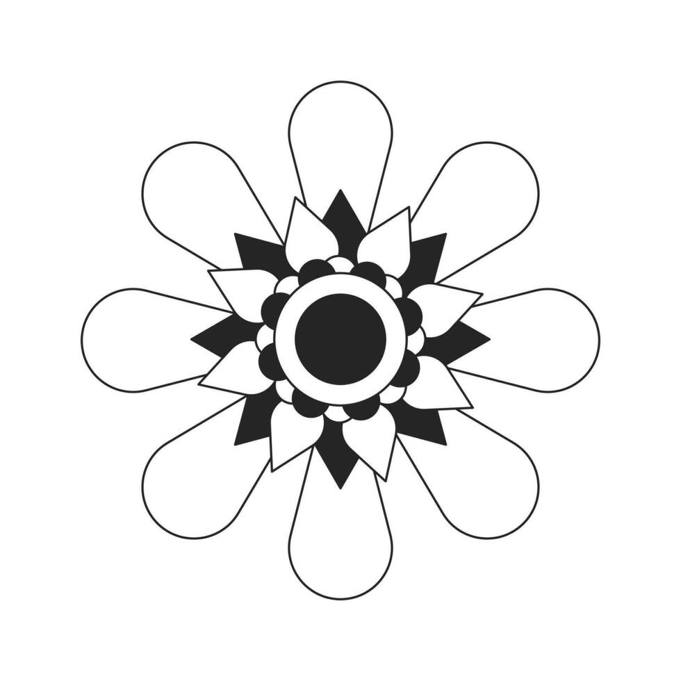 Decorative garden flowers flat monochrome isolated vector object. Petals and disk florets. Editable black and white line art drawing. Simple outline spot illustration for web graphic design