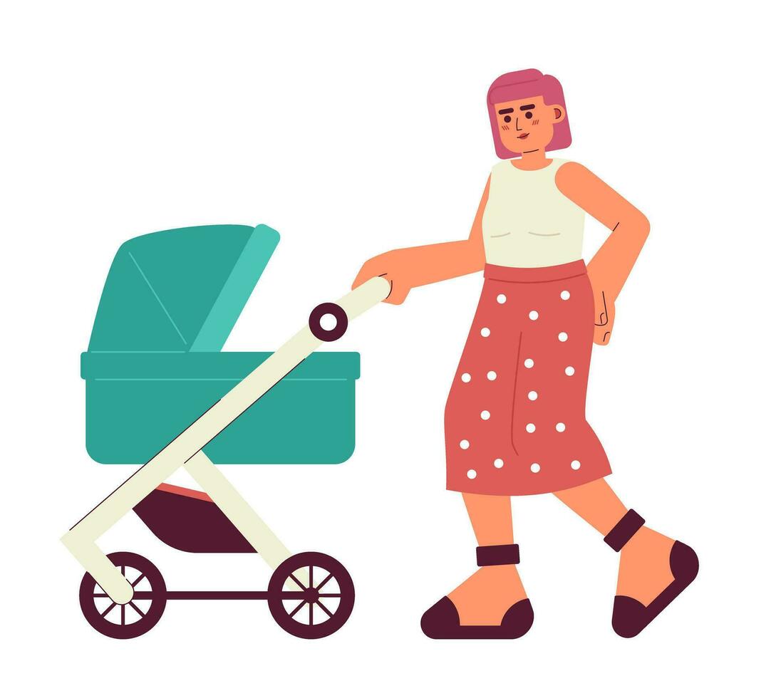 Going for a walk flat concept vector spot illustration. Babysitter. Mother pushing baby stroller 2D cartoon characters on white for web UI design. Parenting isolated editable creative hero image