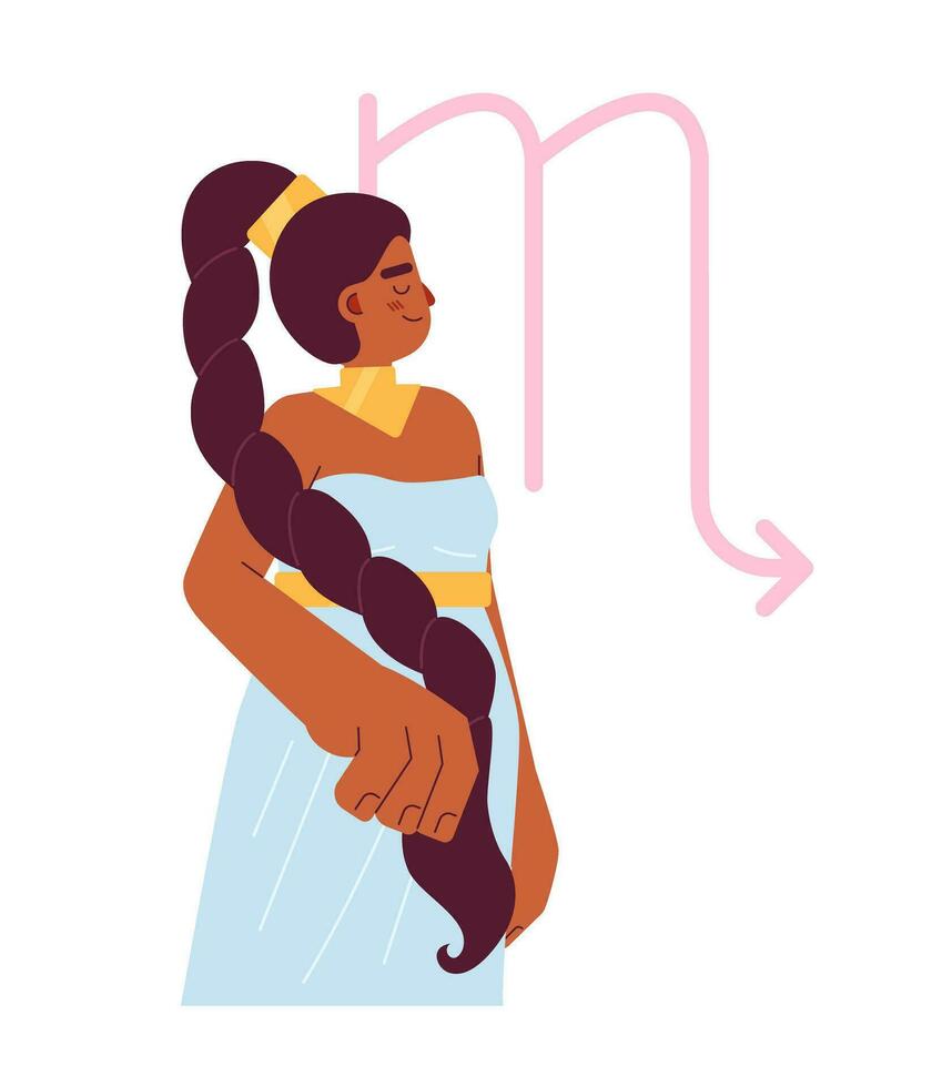 Scorpio zodiac sign flat concept vector spot illustration. Brunette woman with braid hairstyle 2D cartoon character on white for web UI design. Astrology isolated editable creative hero image