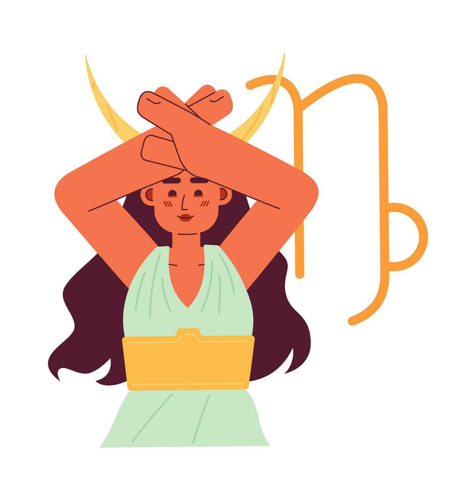Capricorn zodiac sign flat concept vector spot illustration. Girl with horns crossing palms unger head 2D cartoon character on white for web UI design. Astrology isolated editable creative hero image