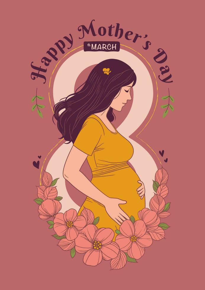 Happy Mother's Day. Vector illustration of a pregnant woman with her hands on her belly. The woman is surrounded by flowers and hearts, representing the joy and love of motherhood