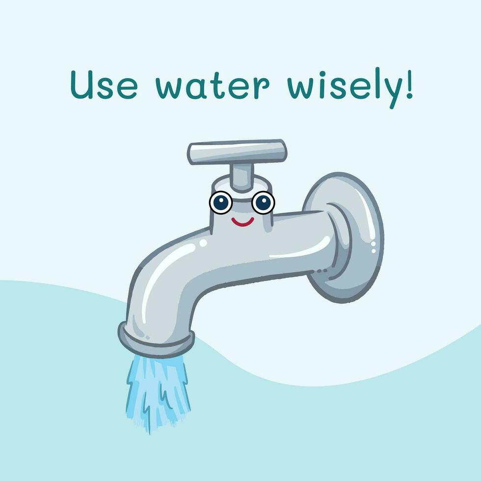 Use water wisely square ratio template poster with faucet character vector illustration isolated on light blue background. Simple outlined cartoon art styled drawing for card or poster prints.