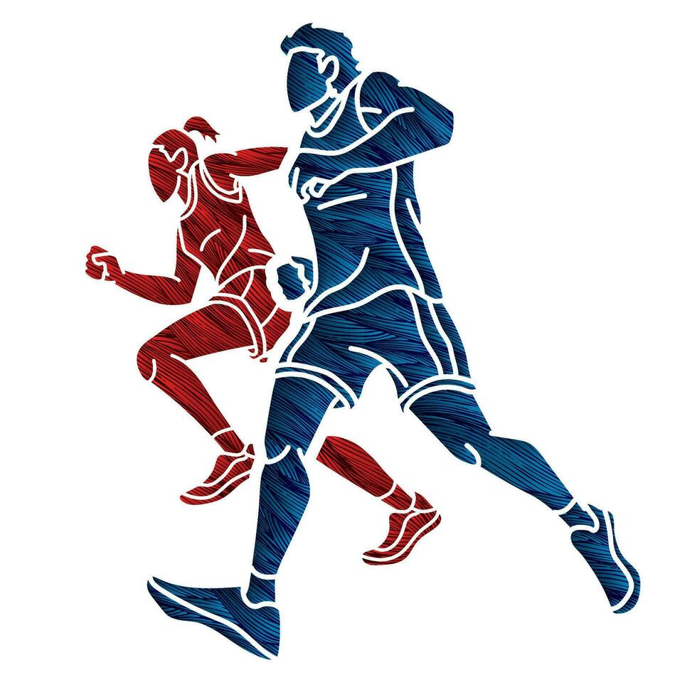 Man and Woman Running Together Marathon Cartoon Sport Graphic Vector