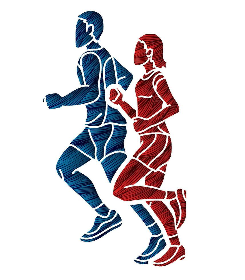 Silhouette Man and Woman Running Together vector