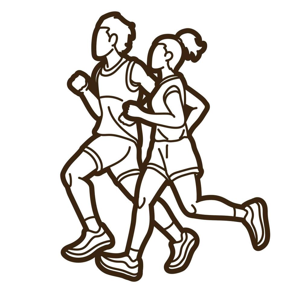 contorno personas corriendo juntos hombre y mujer corredor maratón dibujos animados deporte gráfico vector