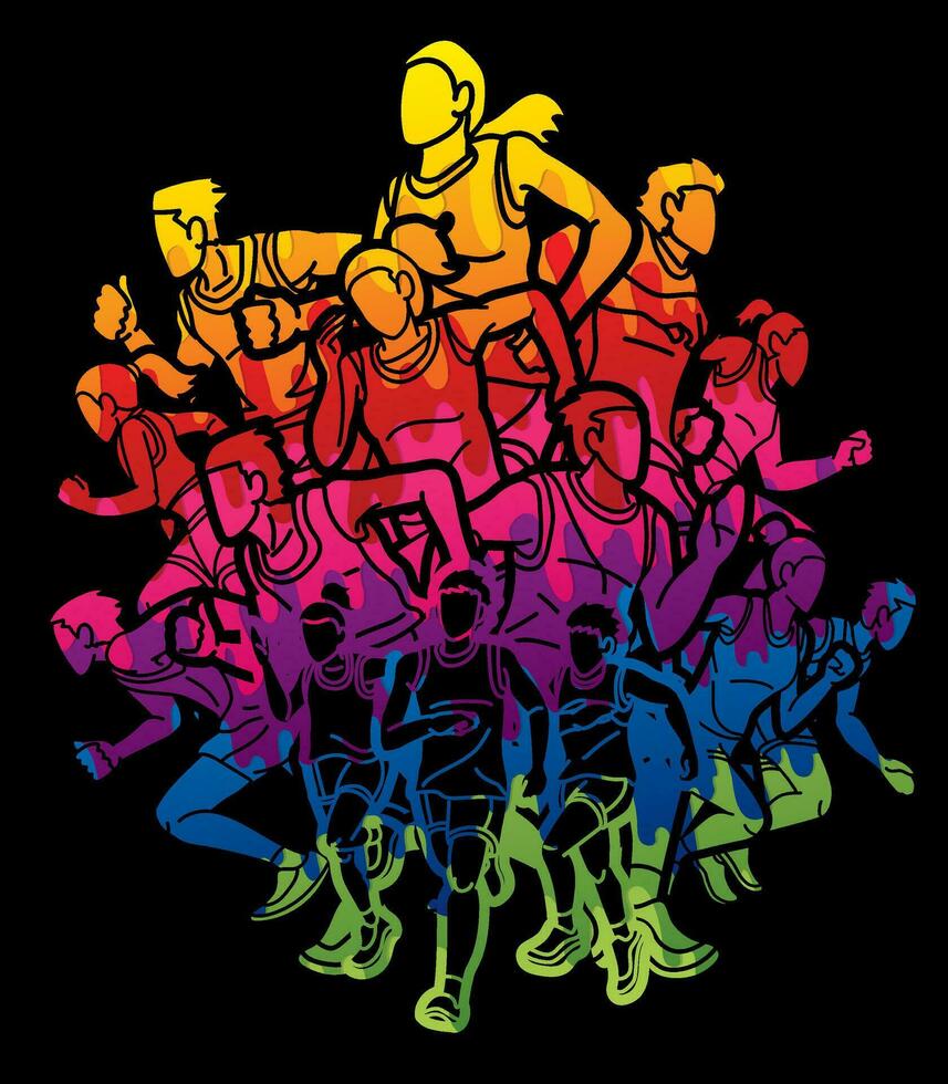 Group of People Running Together Man and Woman Runner Marathon vector