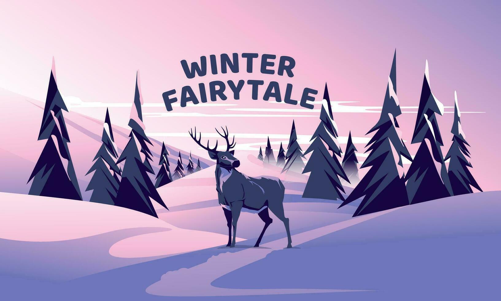 winter fairytale landscape with deer in a coniferous forest at sunset. Holiday season. Vector illustration