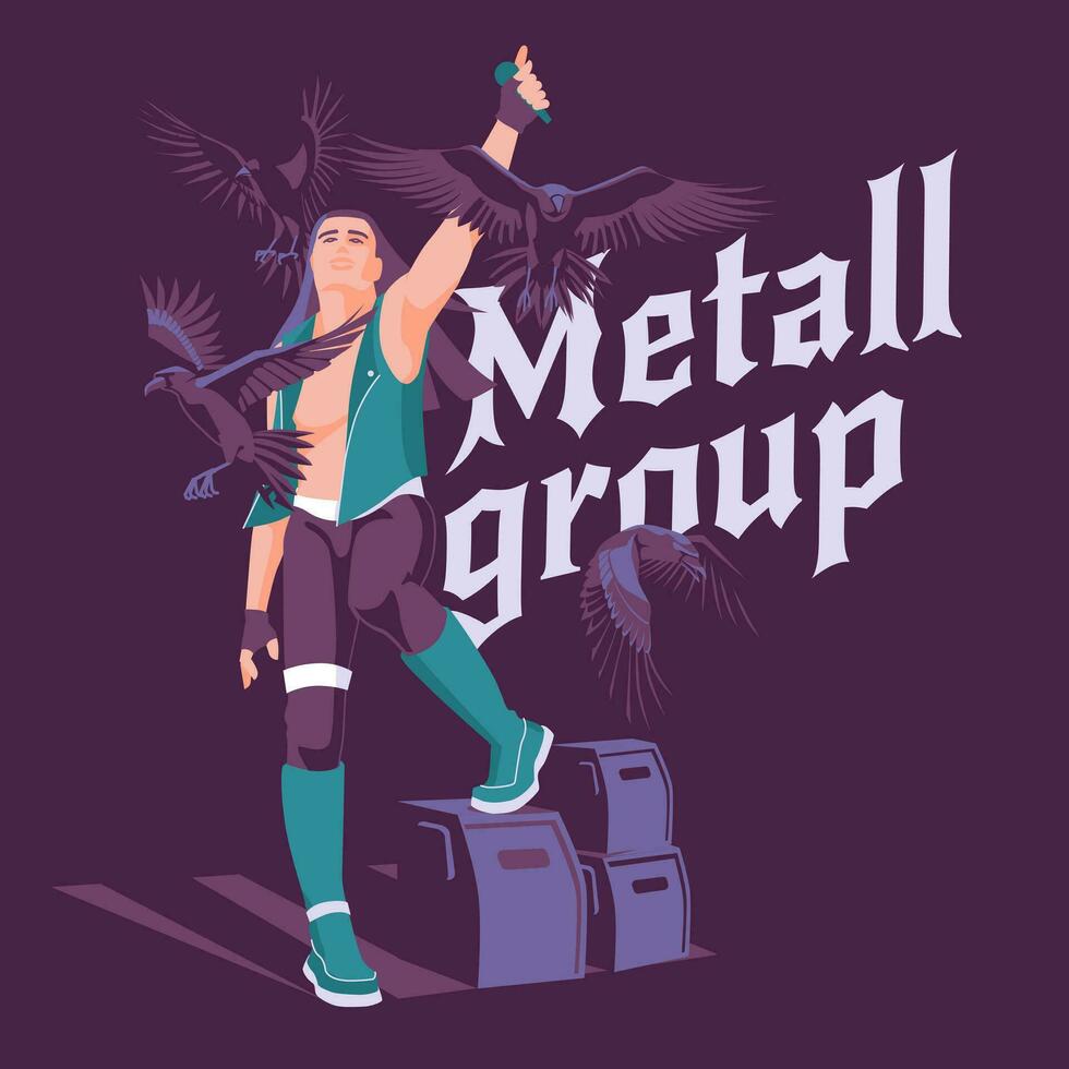 rock or metal singer on stage among flying crows. Dark background. Concert advertising in printed publications and mass media. Vector flat illustration