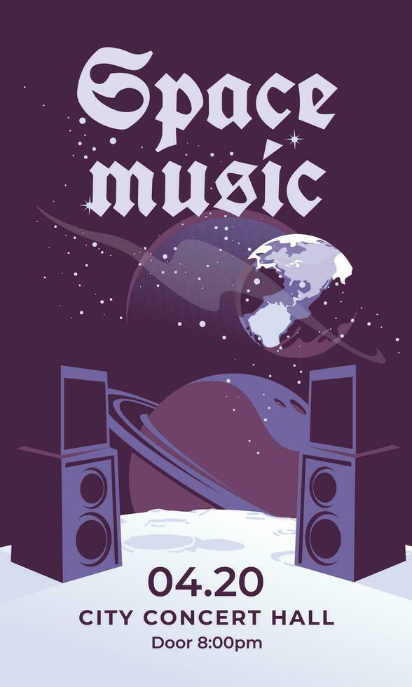 Music concert poster. Dark space background with Jupiter, earth and stars. Scene Columns on the Moon Floor. Advertising in the press and mass media. vector