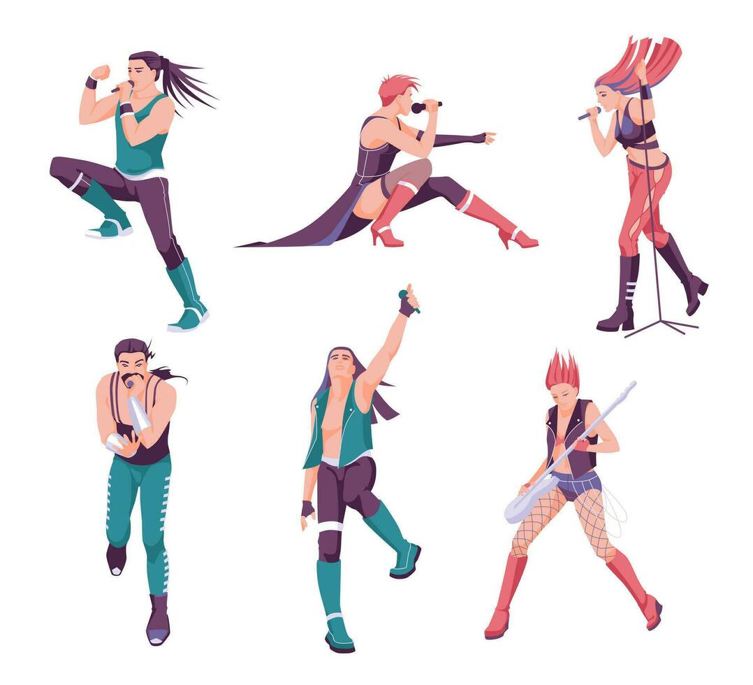 Set of rock and pop singers. Characters of professional musicians. stage. Isolated on white background. Vector flat illustration.