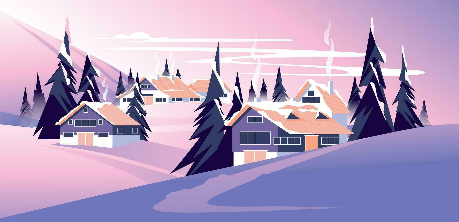 casas en un invierno hada cuento paisaje. cubierto de nieve conífero colinas a puesta de sol. fiesta estación. vector ilustración