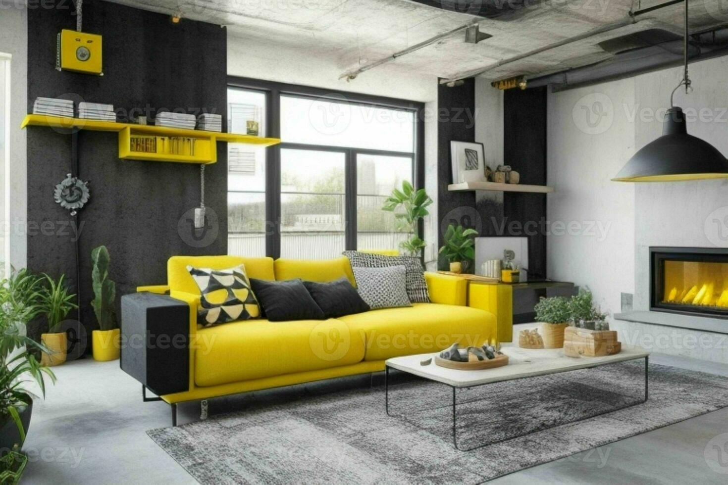 Modern industrial loft living room home interior. Pro Photo