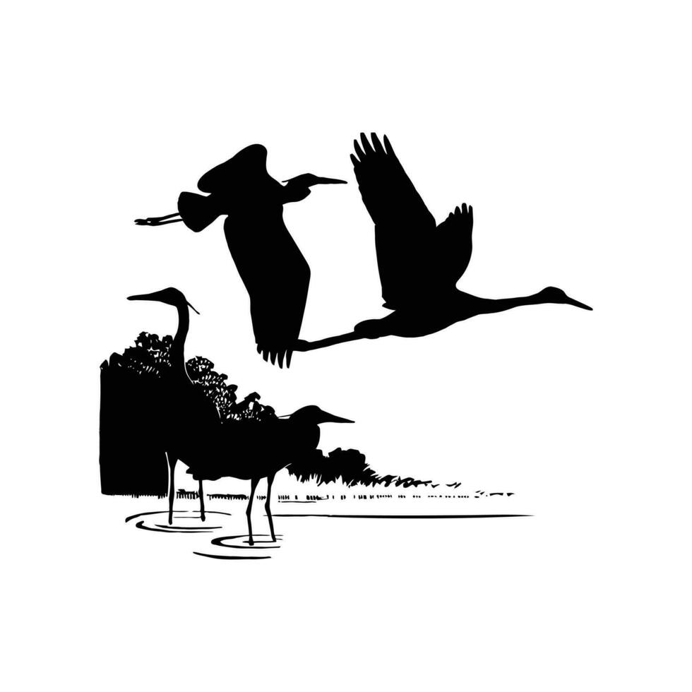 Silhouette of black heron flying and standing. vector