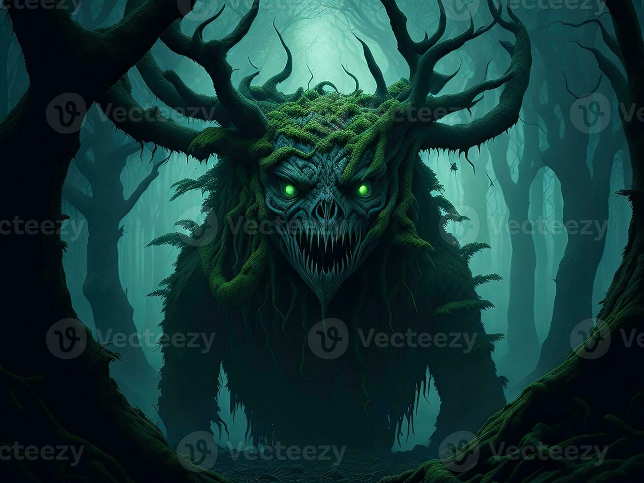 3D rendering of a monster in a spooky dark forest. AI generated. photo