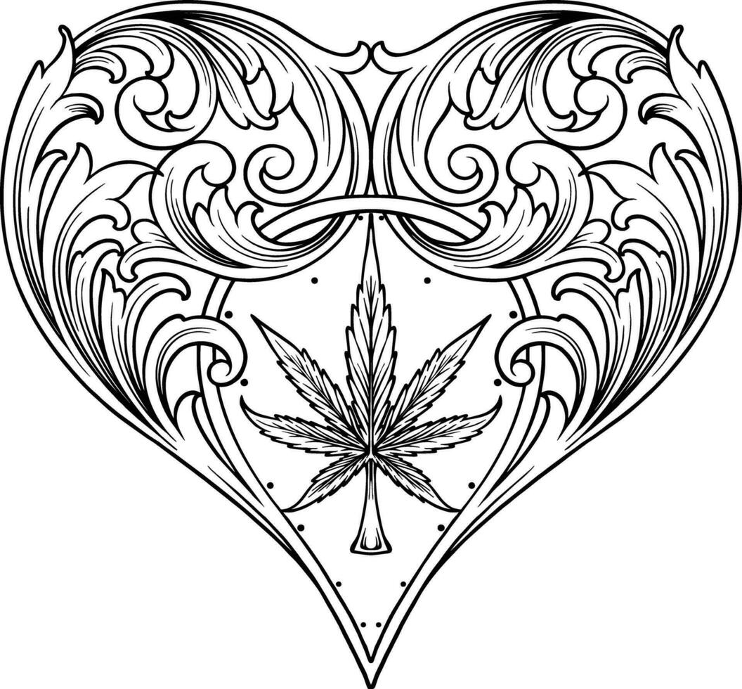 Luxurious classic heart shape flourish with marijuana leaf accent illustrations monochrome vector illustrations for your work logo, merchandise t-shirt, stickers and label designs, poster, greeting