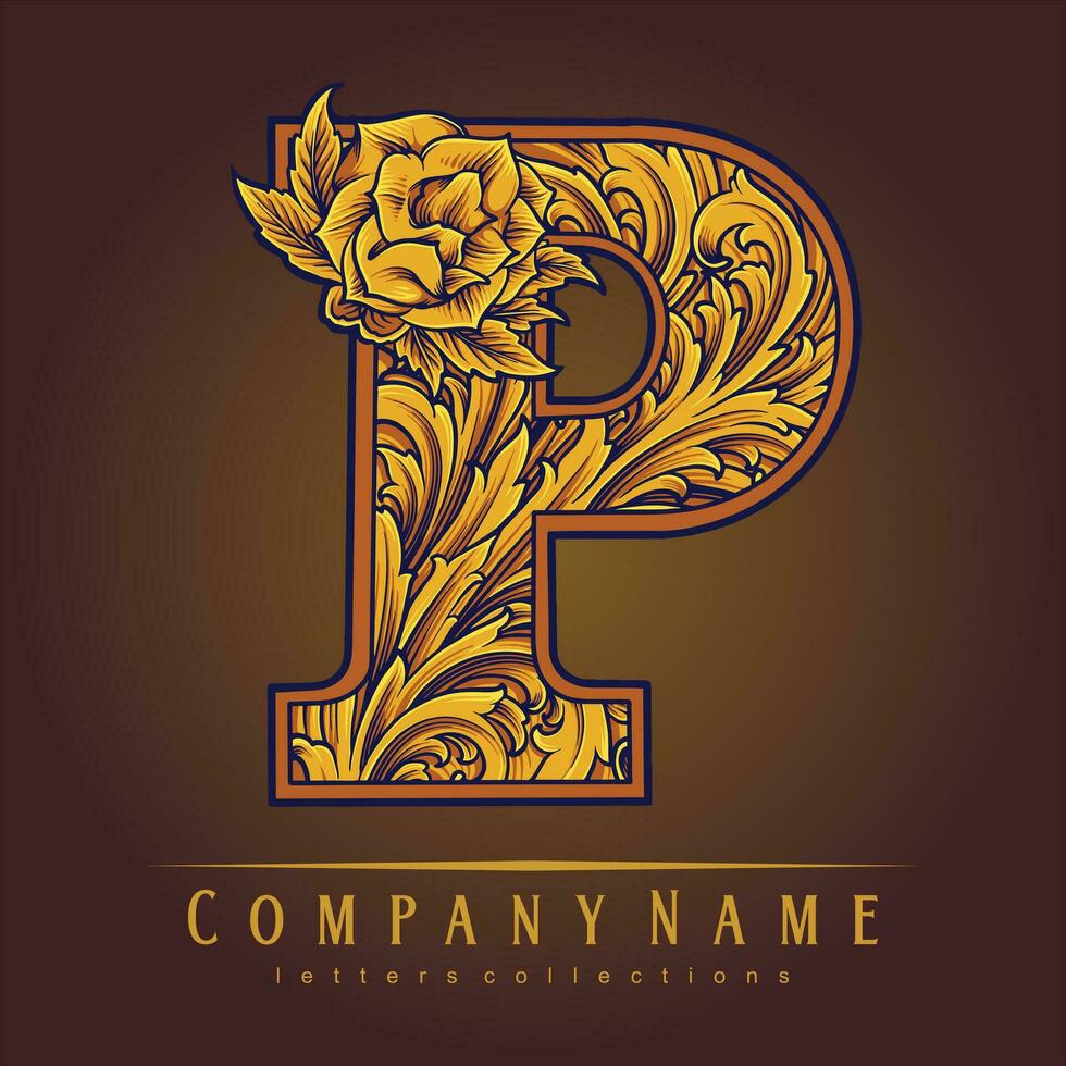 Elegant monogram P with intricate floral ornament vector illustrations for your work logo, merchandise t-shirt, stickers and label designs, poster, greeting cards advertising business company