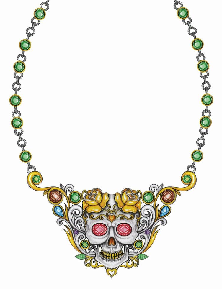 Jewelry design art vintage mix fancy skull necklace hand drawing and painting make graphic vector. vector