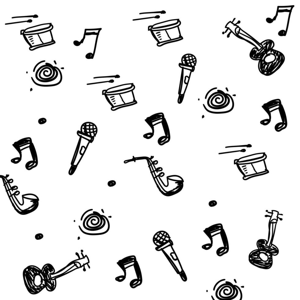 Vector pattern with musical intstruments hand drawing style black and white