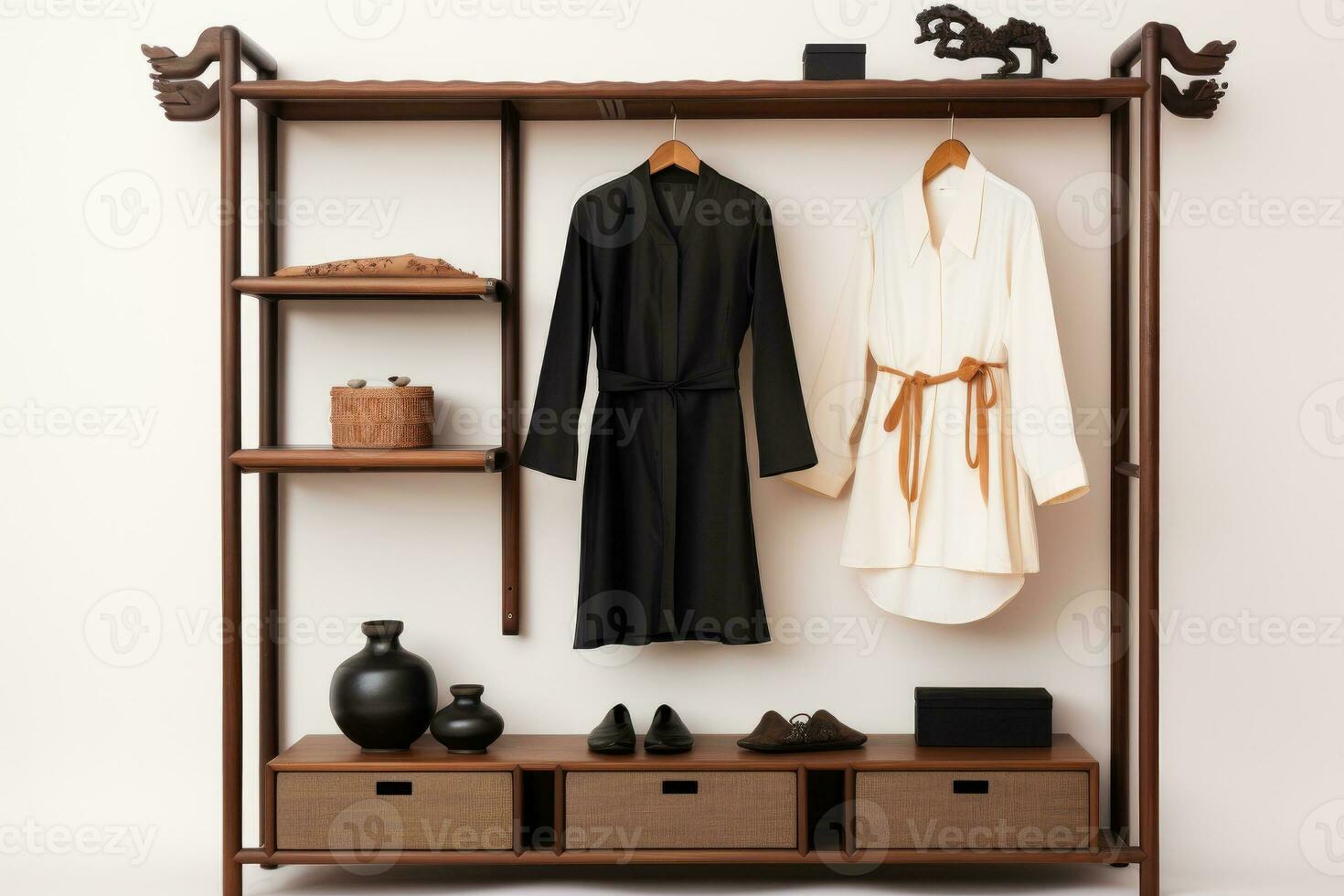 Clothes hanging in row in open wardrobe photo