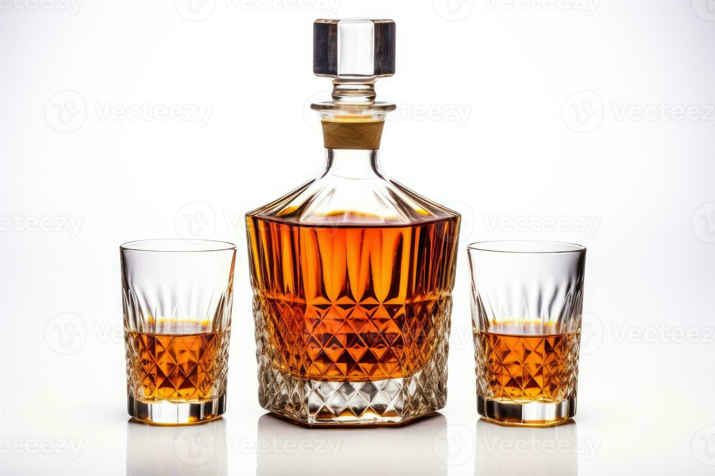 Decanter with whiskey or cognac and a glass on a white background photo