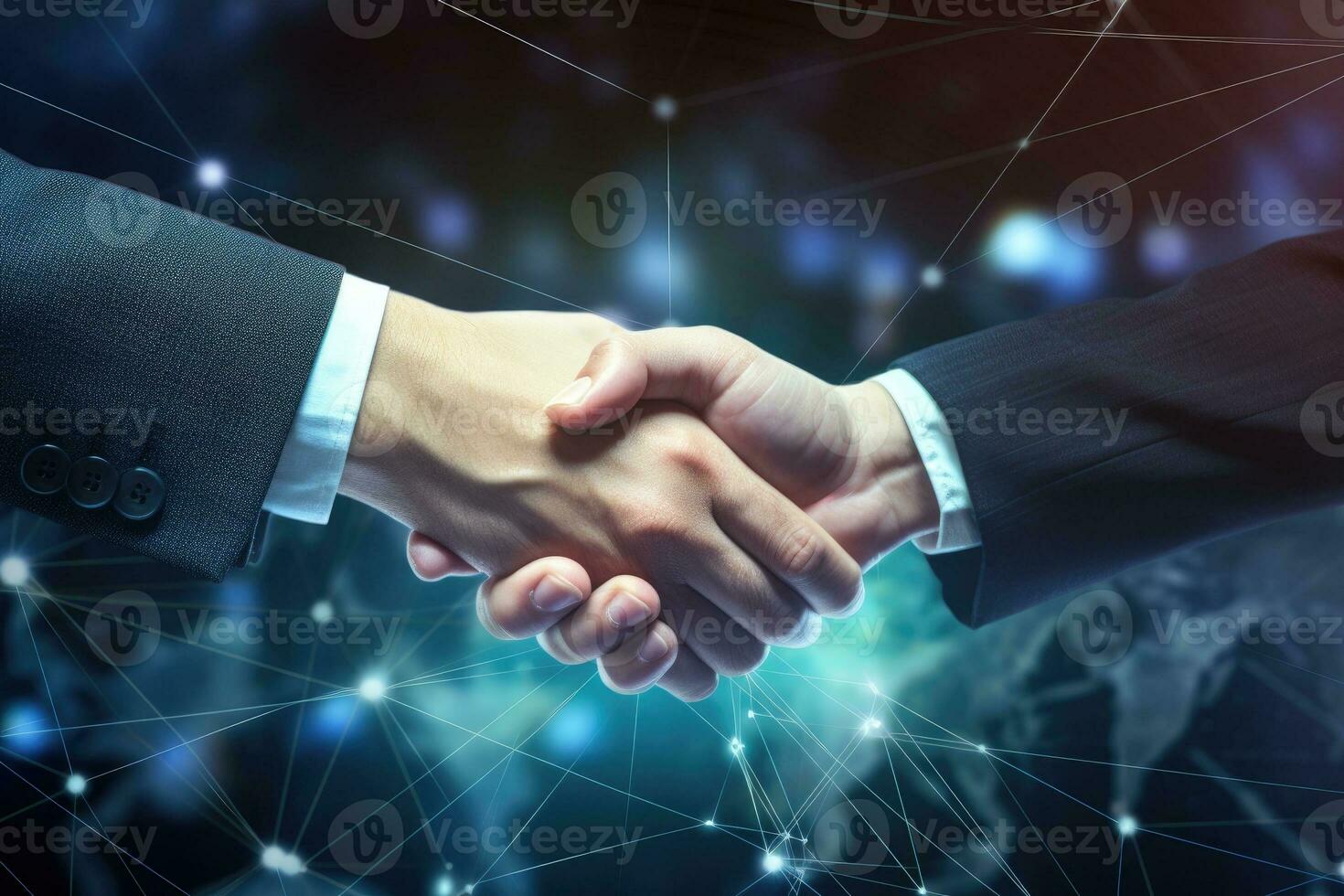 Business man shaking hands with global network connection effect and stock market graphic diagram chart photo