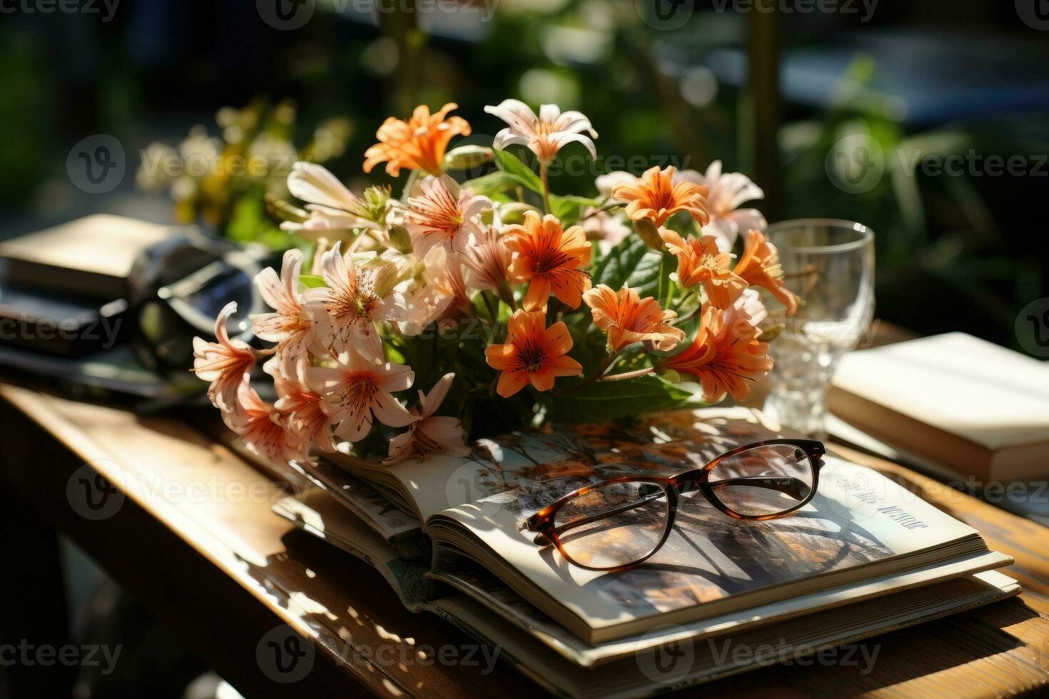 Magazines on table with eyeglasses. photo