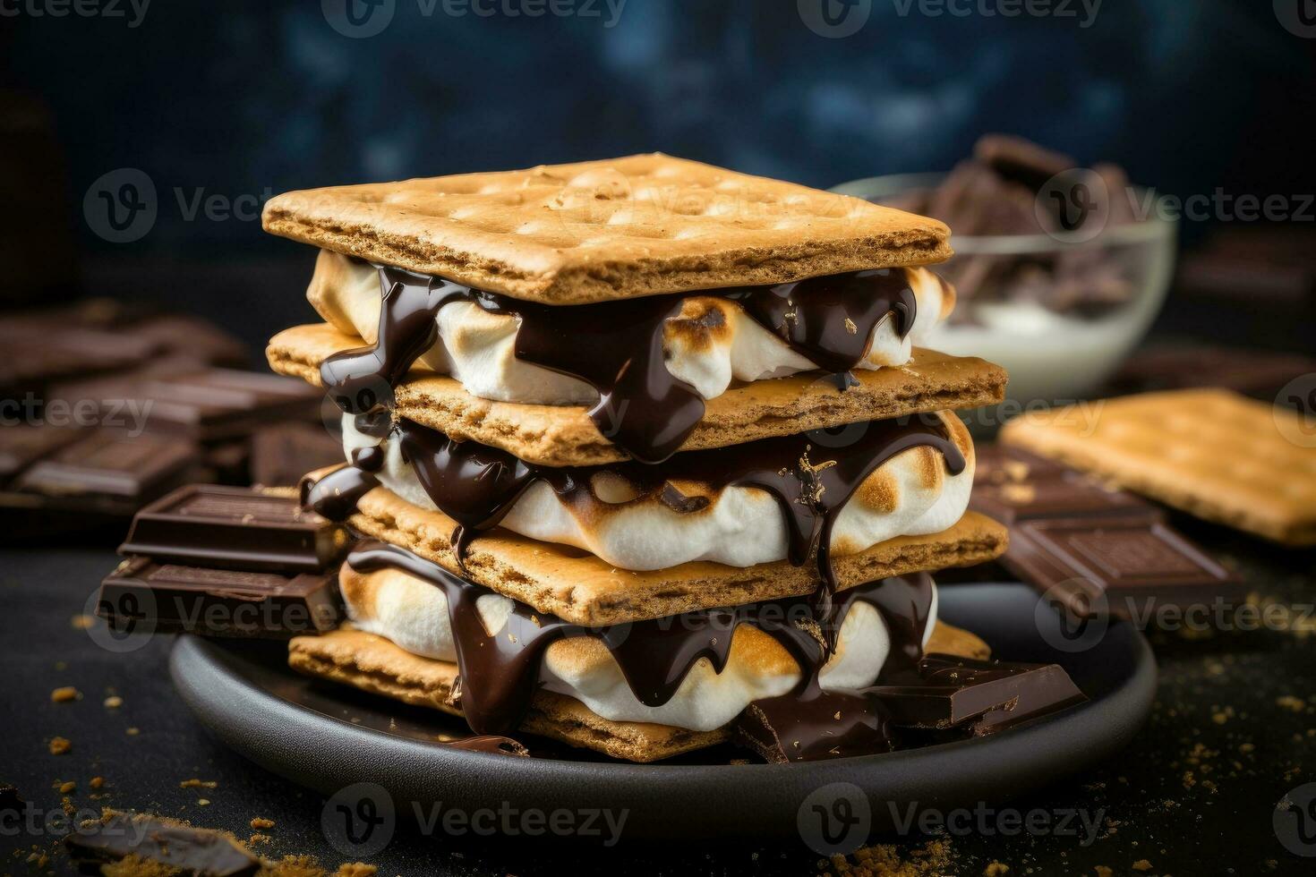 Homemade marshmallow s'mores with chocolate on crackers. photo