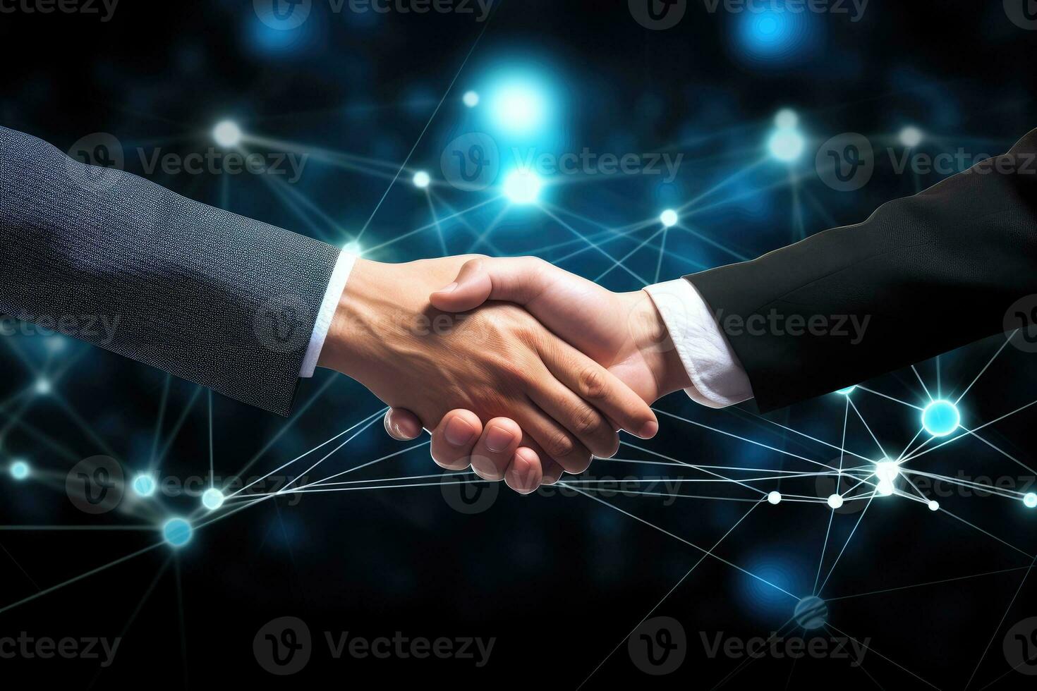 Business man shaking hands with global network connection effect and stock market graphic diagram chart photo