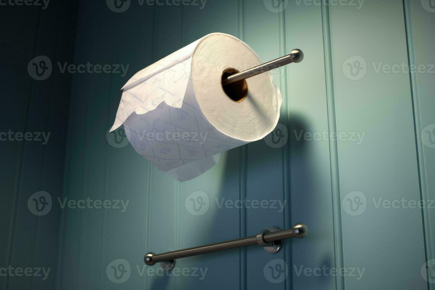 A white roll of soft toilet paper neatly hanging on a modern chrome holder. photo