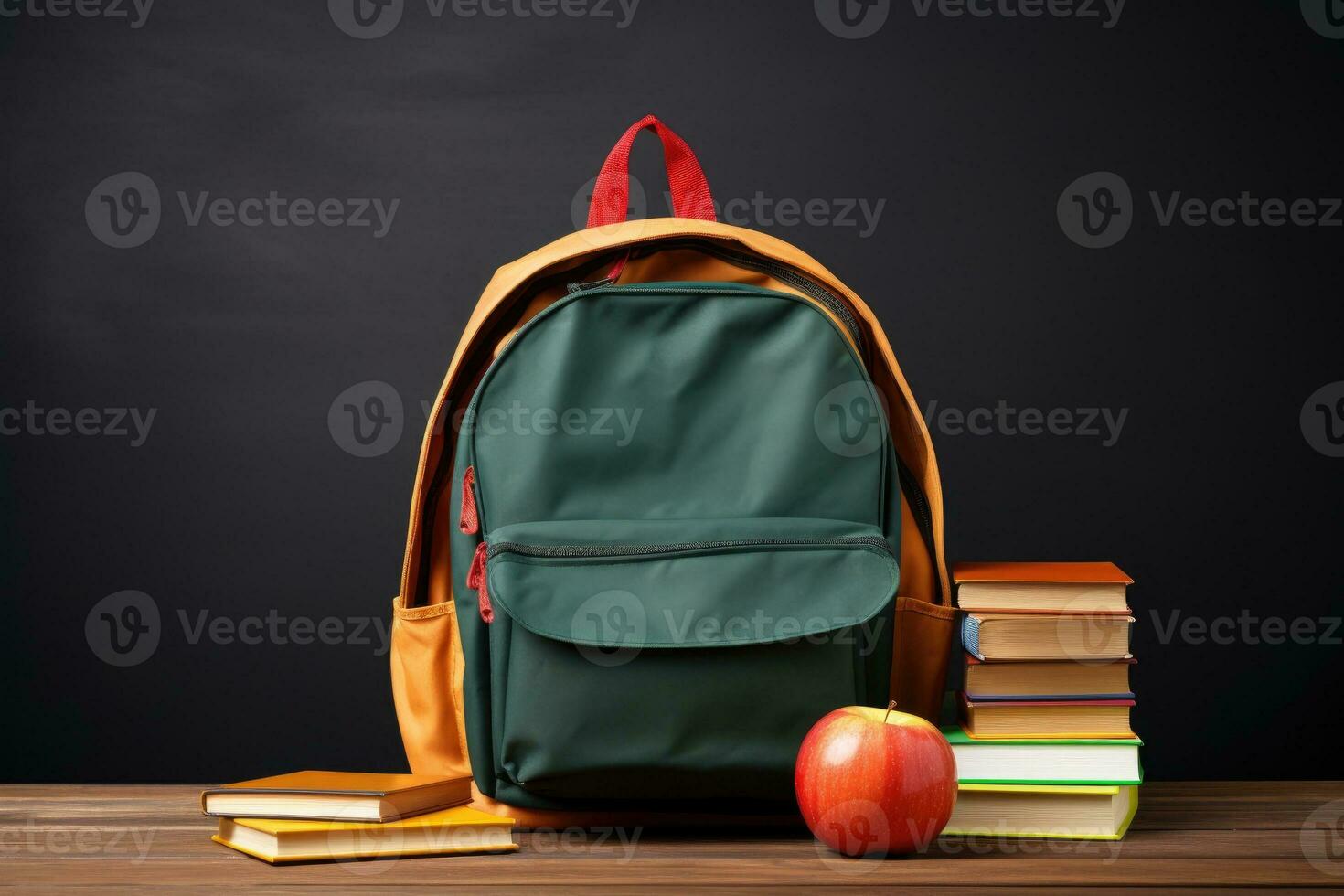 School bag and textbooks in front of a blackboard on a school desk. Back to school concept. photo