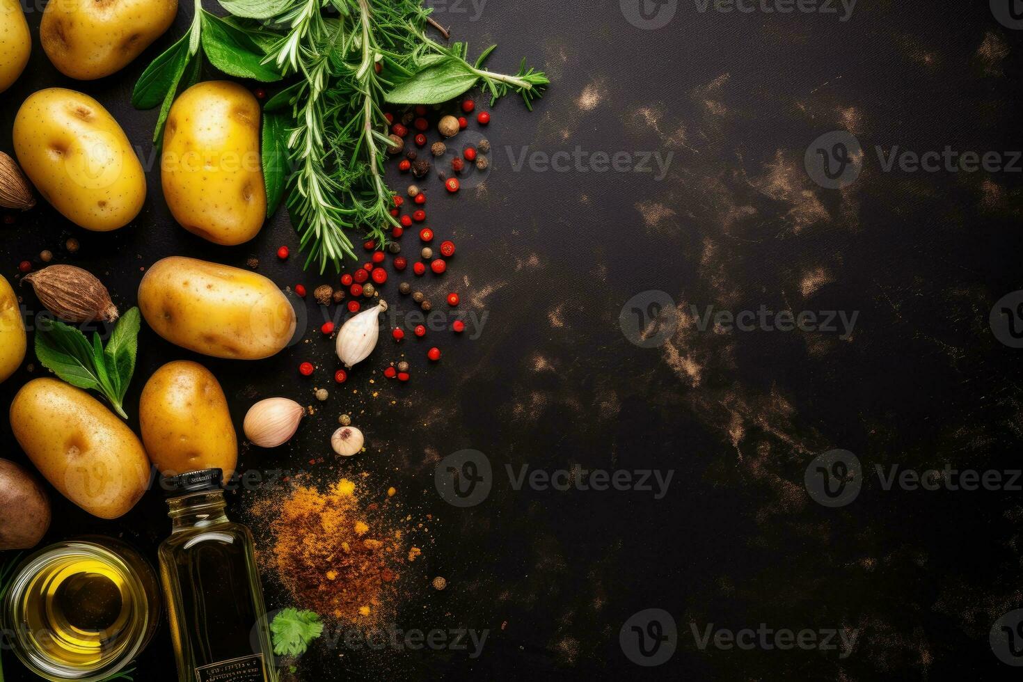 Food background. Top view of potatoes, herbs and spices on rustic black slate. photo
