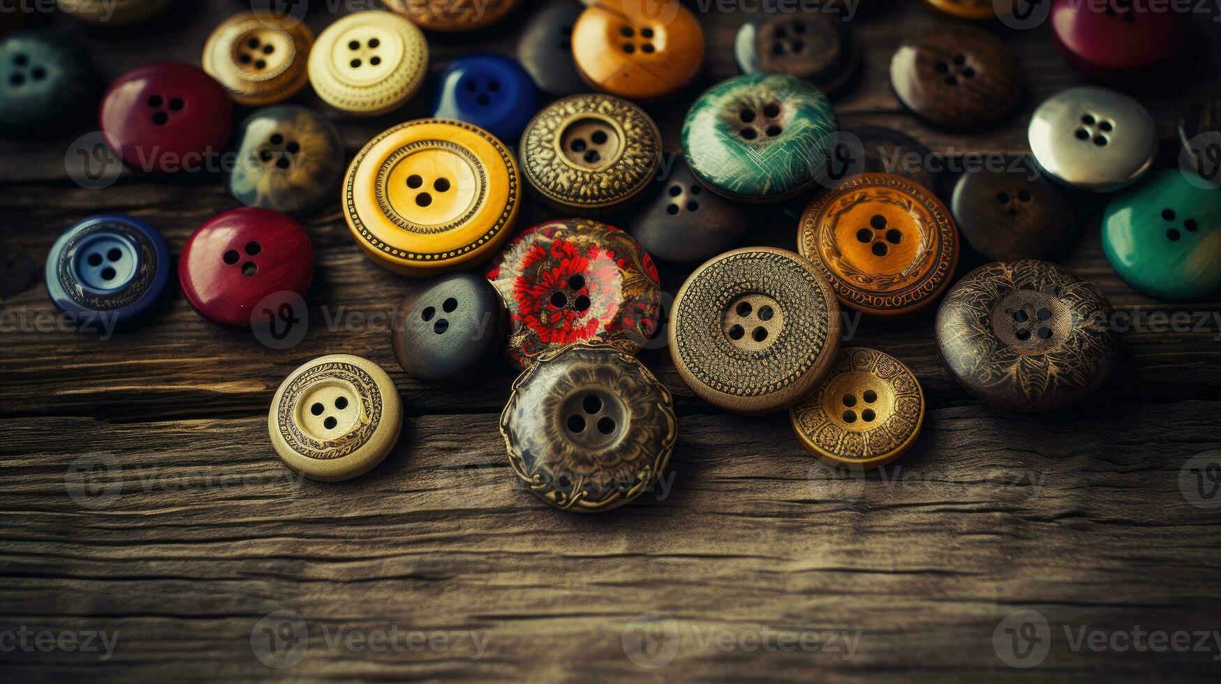 Collection of different multi colored buttons on wood photo