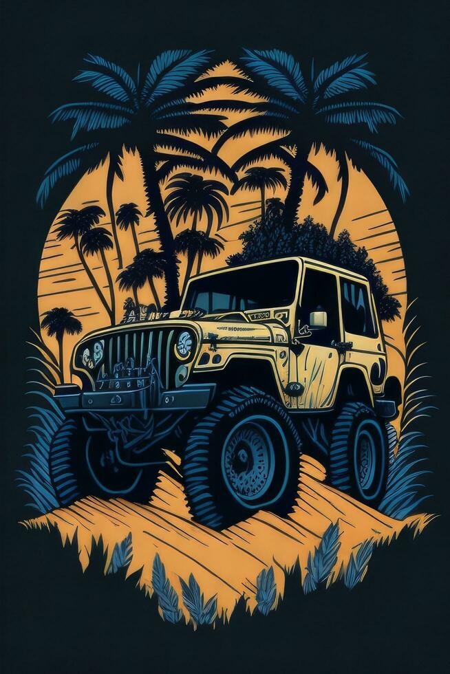 Vintage monster truck on a background of palm trees, vector illustration. AI generated. photo