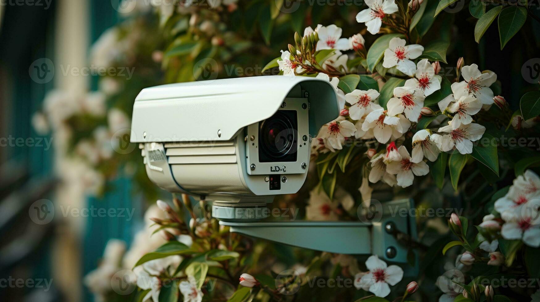 Security camera in front of house with flowers in the foreground. photo