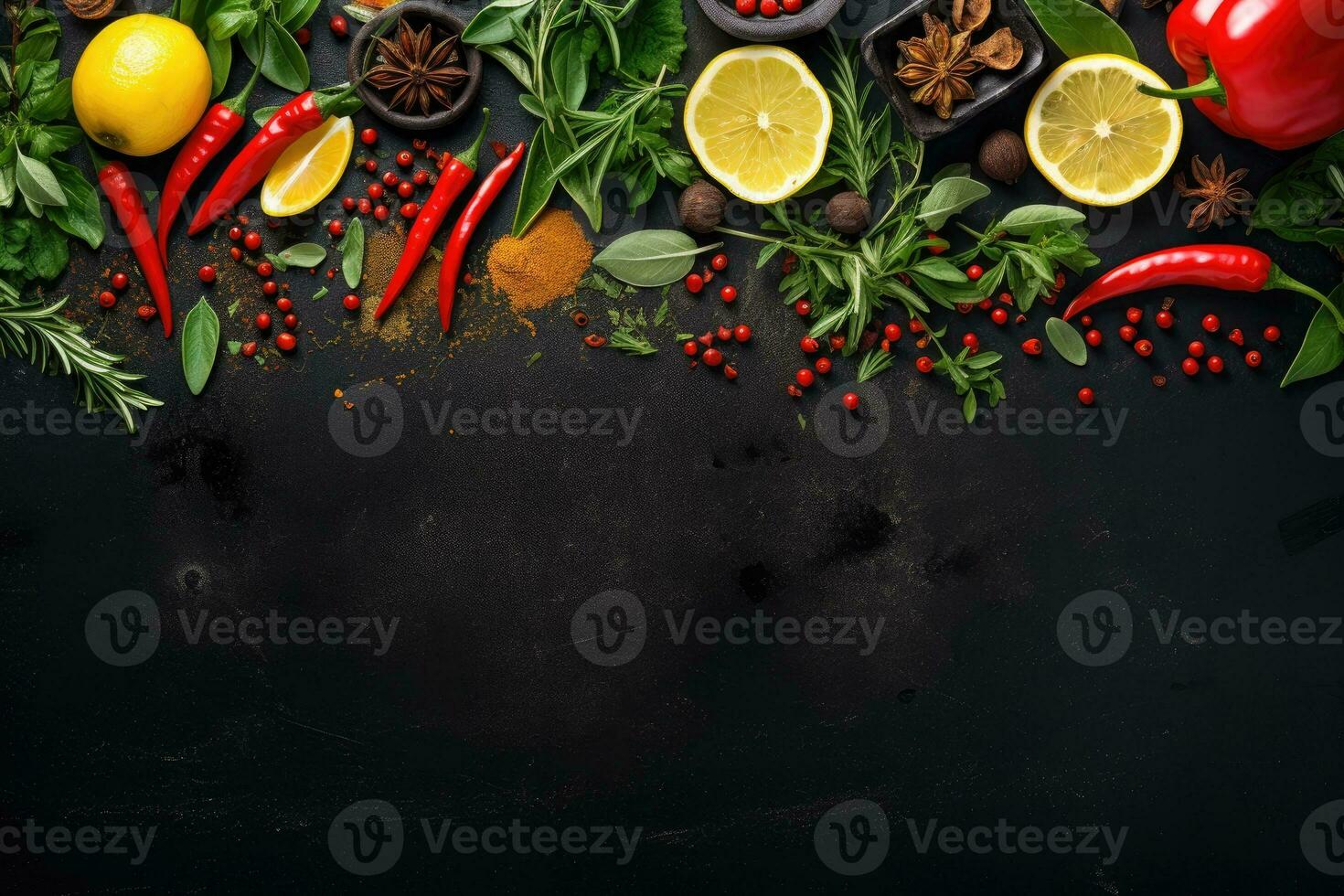 Food background. Top view of olive oil, paprika, herbs and spices on rustic black slate. photo