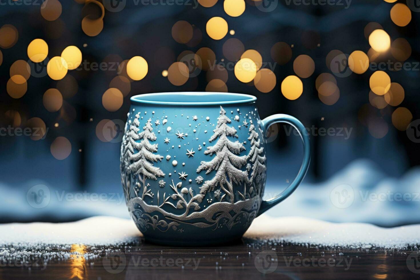 Decorated christmas coffee mug with winter forest landscape and snow. photo