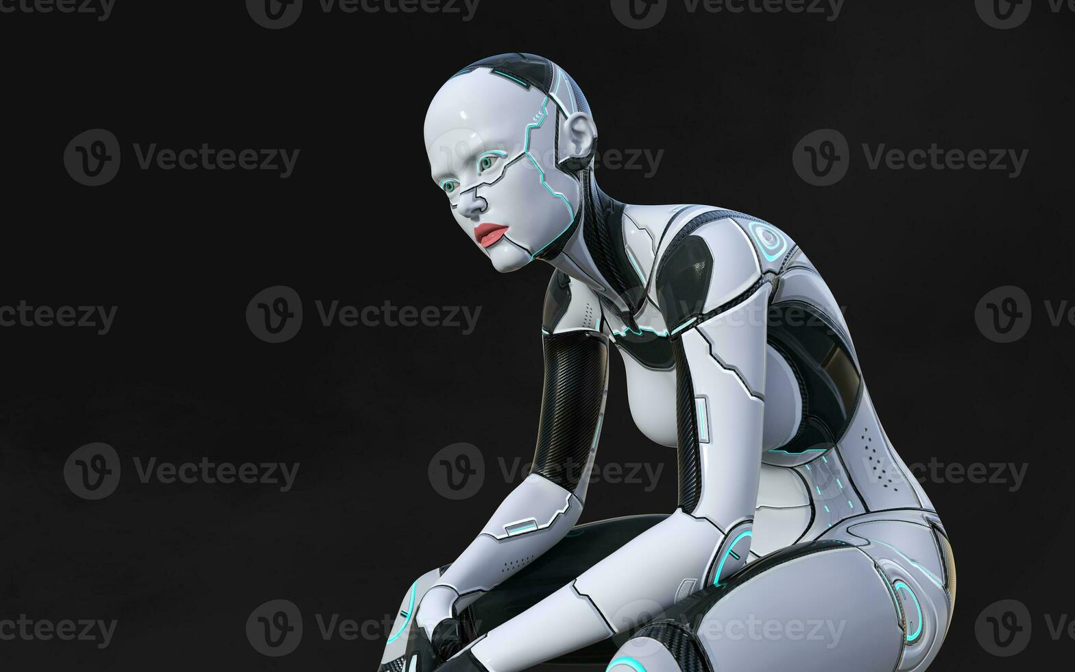 3d illustration of A woman AI cyborg pose on black background with clipping path. AI project. photo