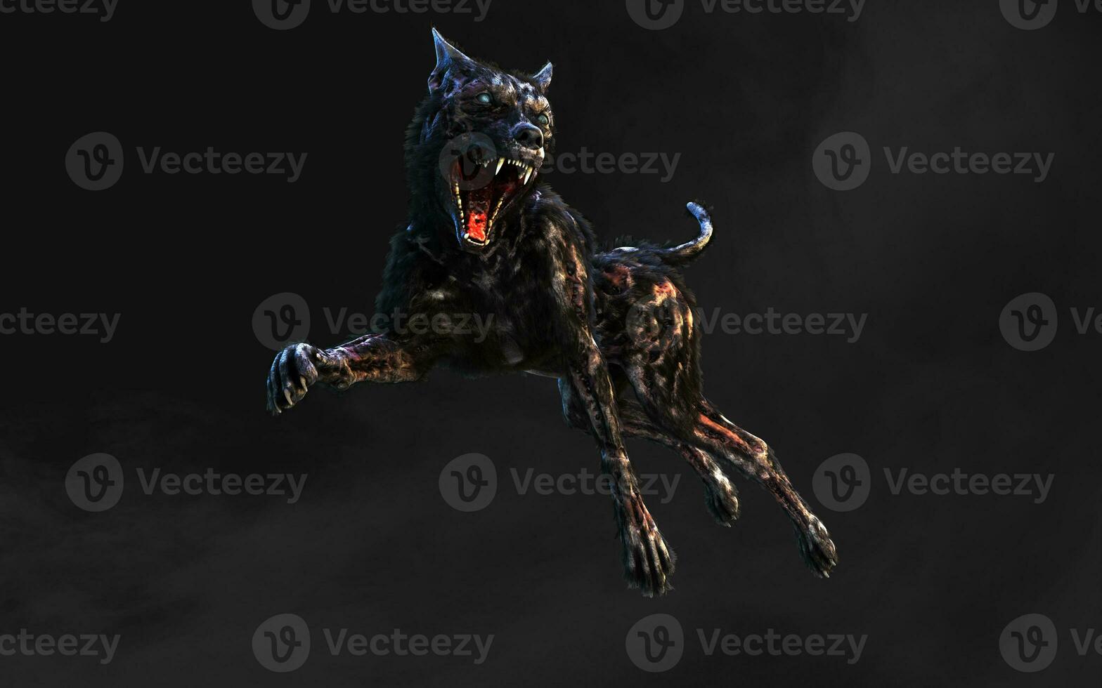 3d illustration of undead Zombie dog with clipping path. Dangerous revived animal with creepy expression on dark background. photo