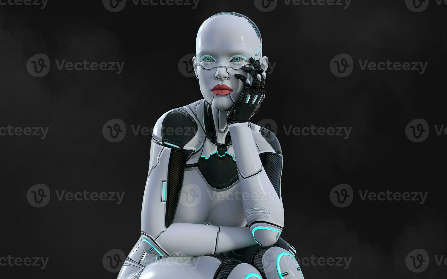 3d illustration of A woman AI cyborg pose on black background with clipping path. AI project. photo