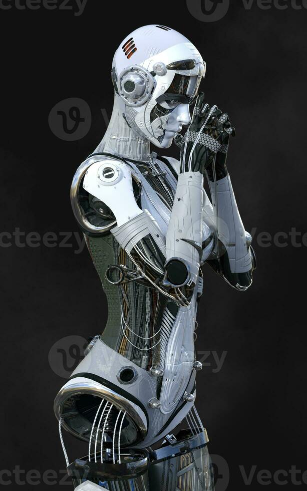3d Illustration of A woman AI cyborg pose on black background with clipping path. AI project. photo