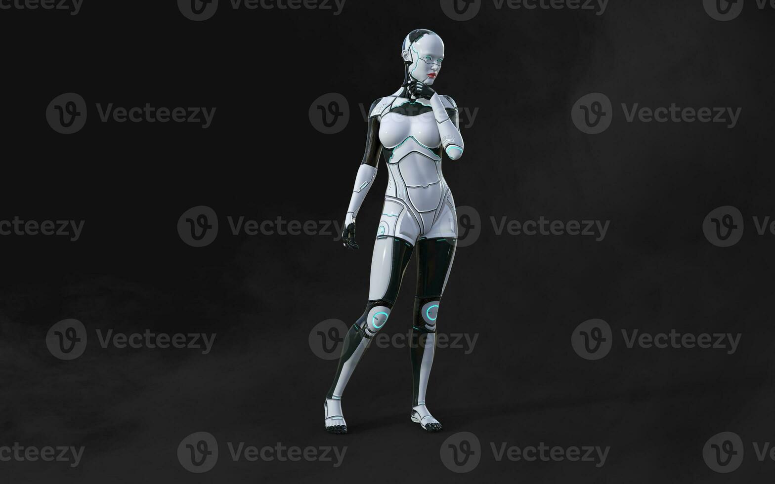 3d illustration of A woman AI cyborg pose on black background with clipping path. AI project. photo