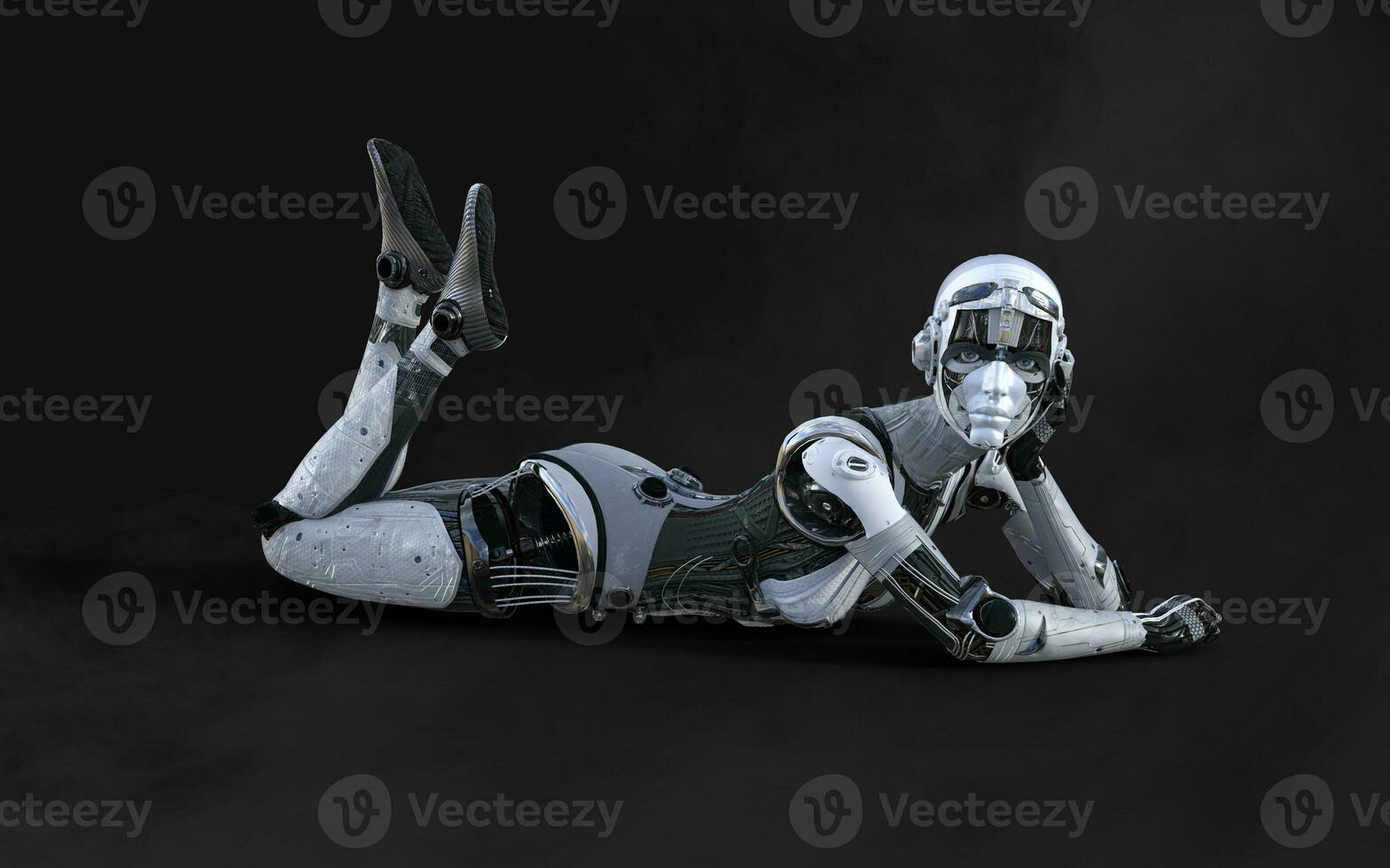 3d Illustration of A woman AI cyborg pose on black background with clipping path. AI project. photo